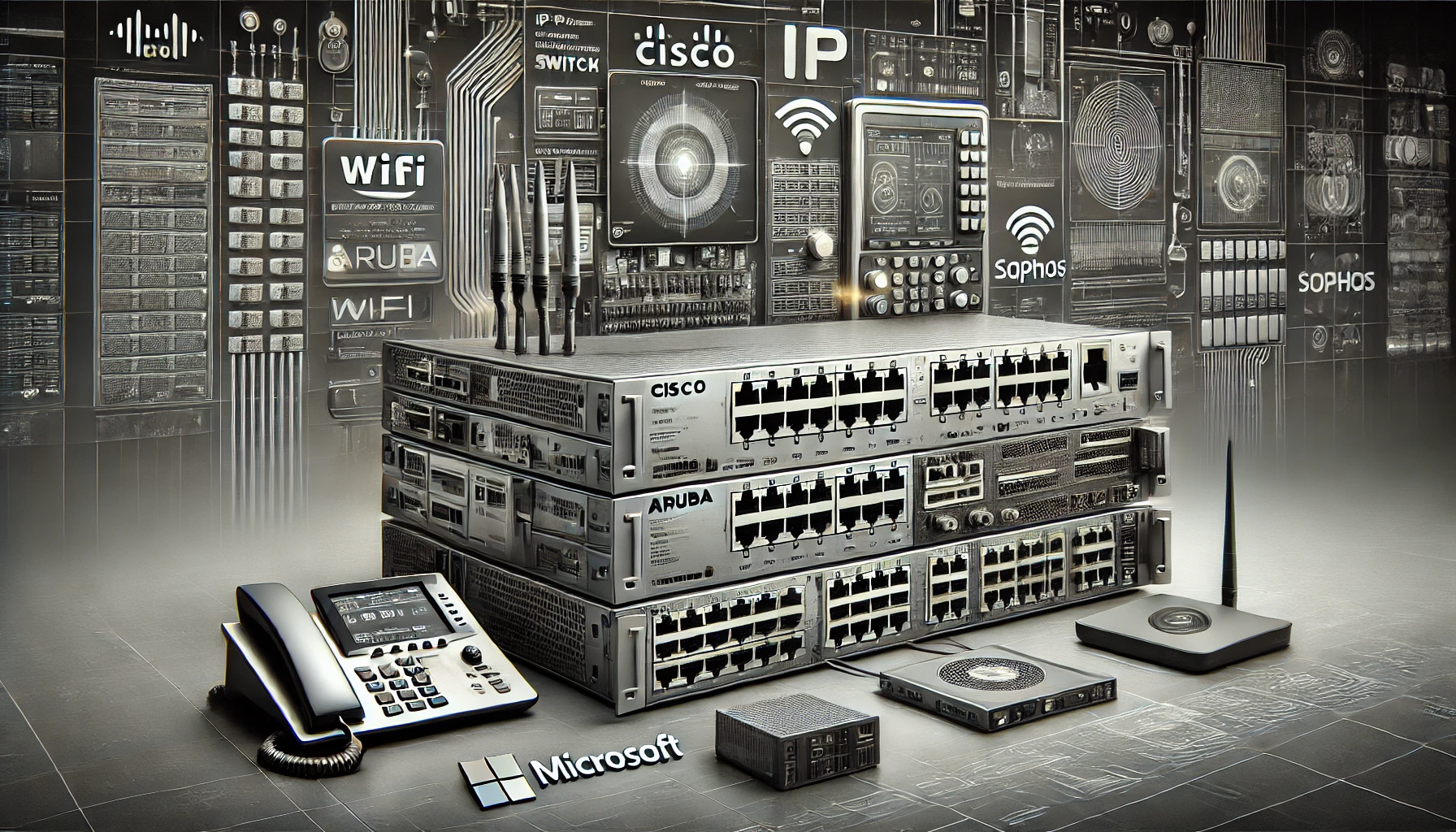 DALL·E 2025-02-10 14.38.47 - A high-resolution grayscale wide image illustrating advanced IT and cybersecurity infrastructure. The composition includes an IP Cisco switch and an A