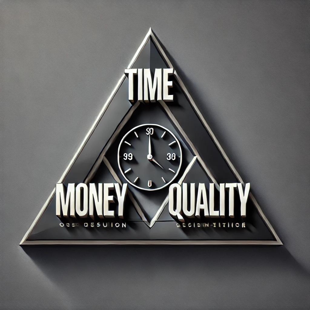 DALL·E 2025-02-10 15.12.33 - A high-resolution image featuring a triangle design with the words 'Time,' 'Money,' and 'Quality' at each corner. The design is sleek and modern, with