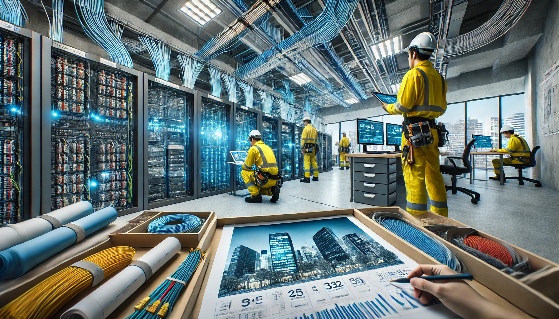 DALL·E 2025-02-10 16.15.24 - A high-definition wide-angle image of an engineering site focused on data cabling and IT services. The scene includes professionals in safety gear man