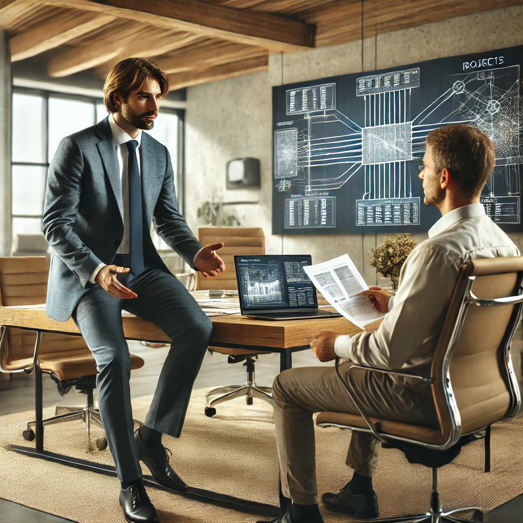 DALL·E 2025-02-13 18.40.13 - A high-definition, natural image of a Consultant Engineer meeting with a client in a modern office. The engineer is discussing technical plans, showin