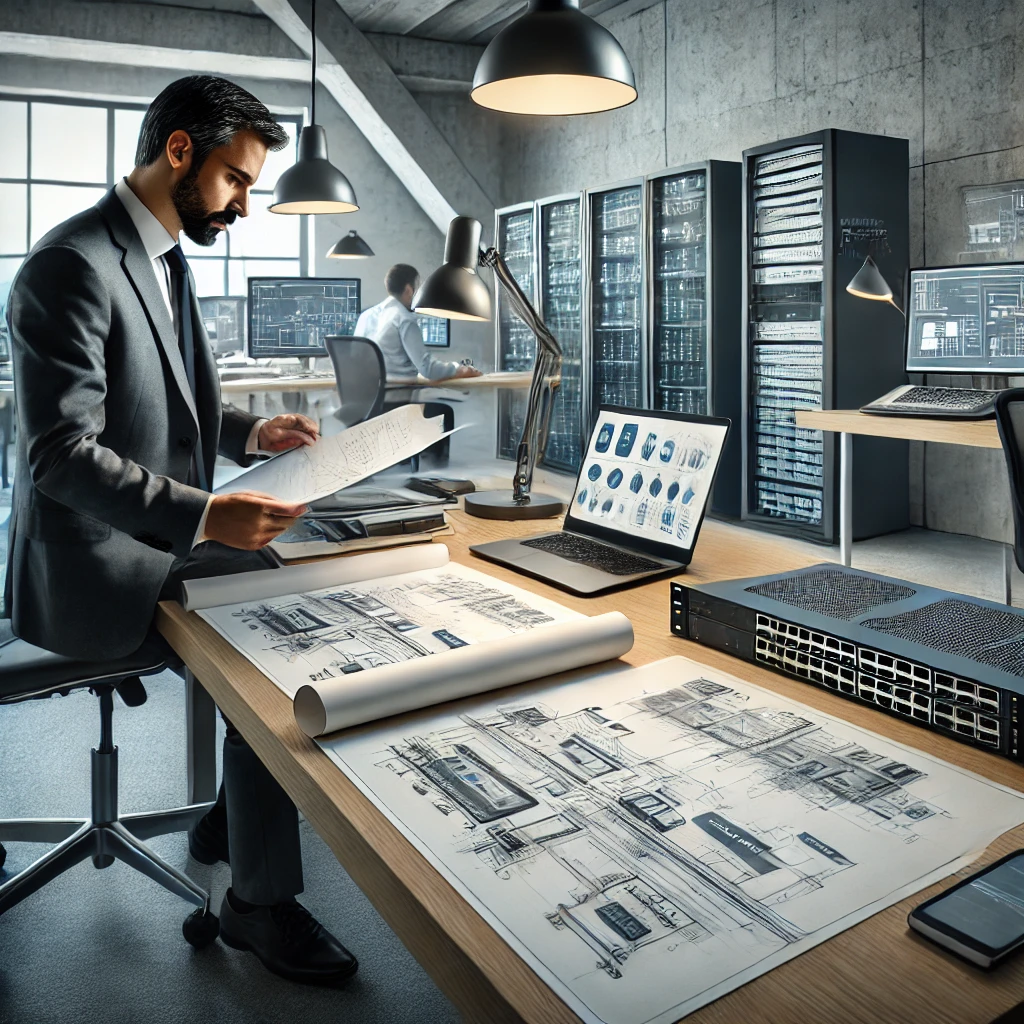 DALL·E 2025-02-13 18.42.06 - A high-definition, natural image of an Engineer studying a Network Infrastructure project in a modern office. The engineer is reviewing a detailed pap