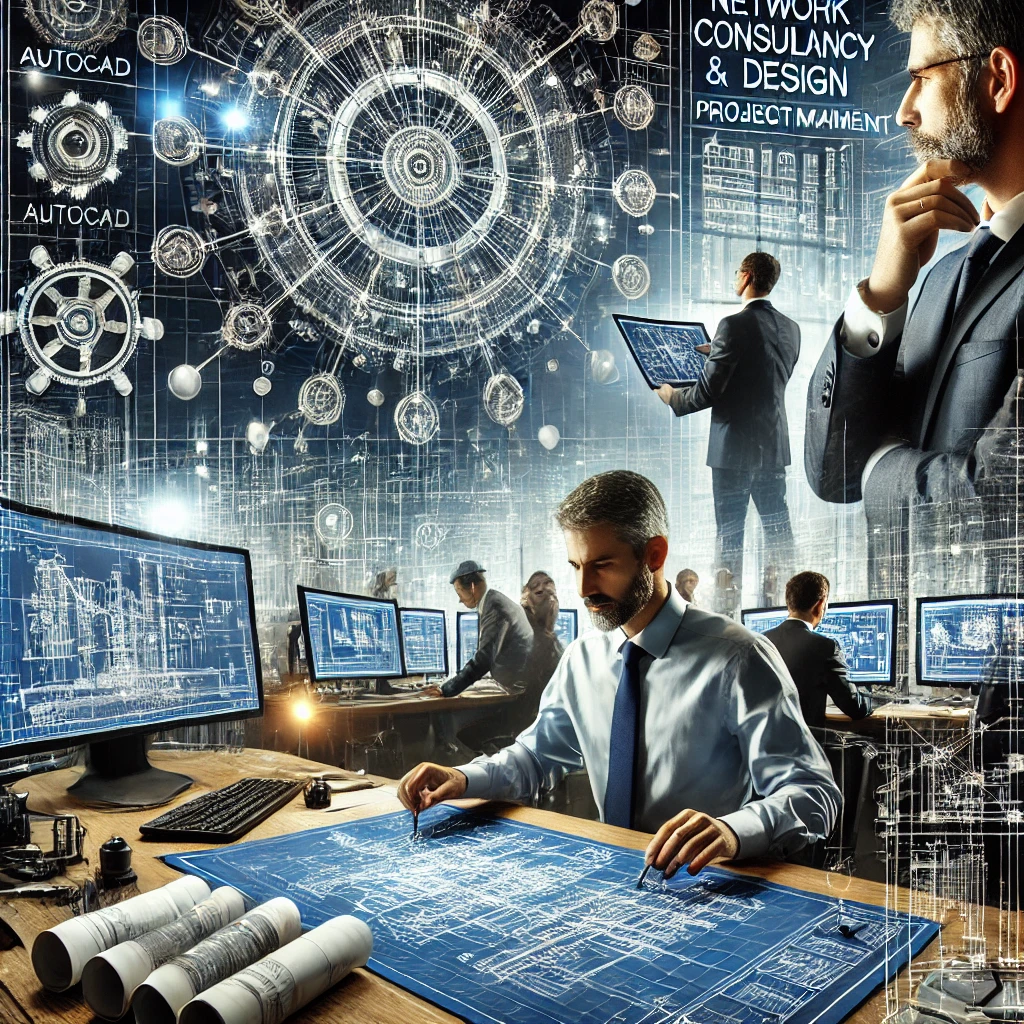DALL·E 2025-02-17 12.39.48 - An HD image representing Network Consultancy & Design, Project Management, and Engineers working with AutoCAD. The image features a futuristic digital